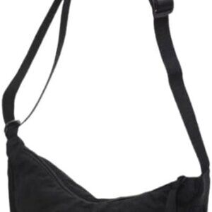 Black crescent-shaped canvas crossbody bag, lightweight, multi-use travel sling